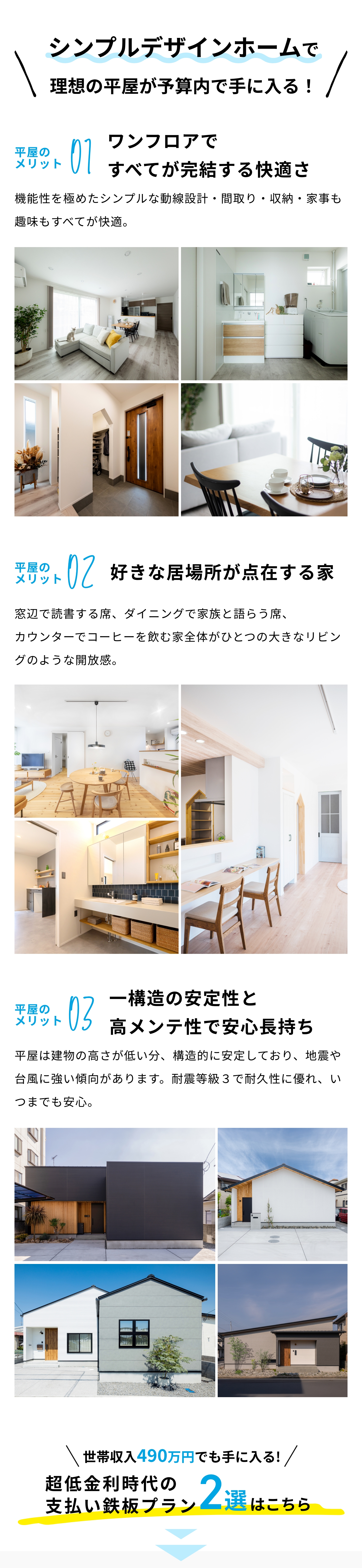 「シンプルデザインホームで理想の平屋が予算内で手に入る！」という見出しのコンテンツ。「01 ワンフロアで全てが完結する快適さ」「02 好きな居場所が点在する家」「03 一構造の安定性と高メンテ性で安心長持ち」の3つの特徴が、文章と写真で紹介されている。