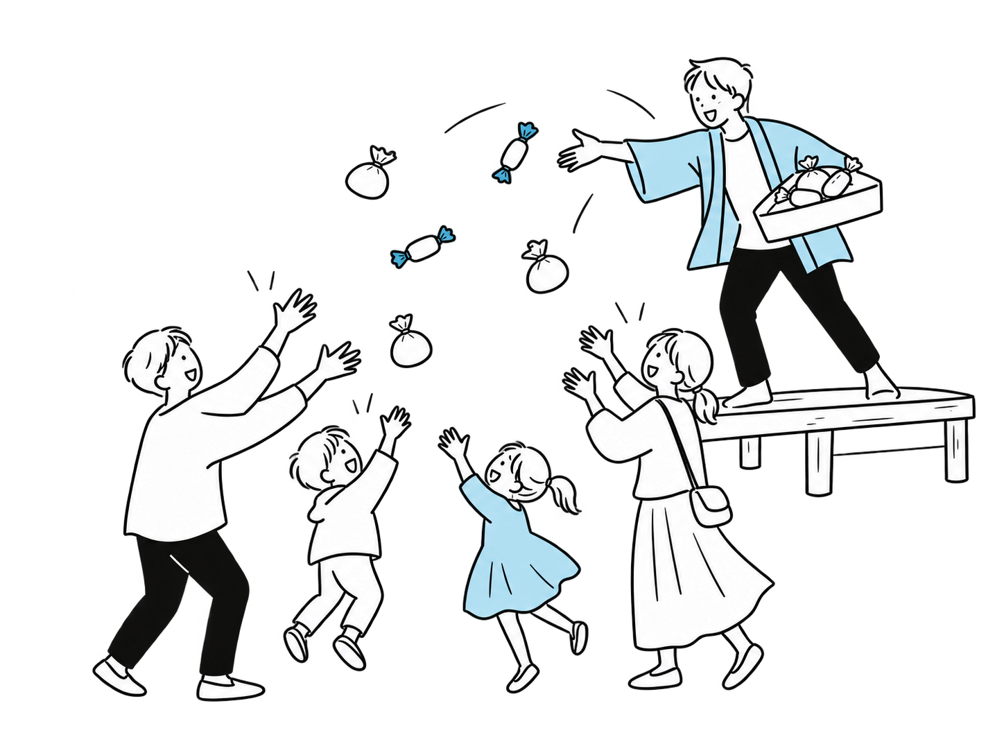 台の上から餅やお菓子を投げ、家族が手を伸ばして受け取ろうとしているイラスト