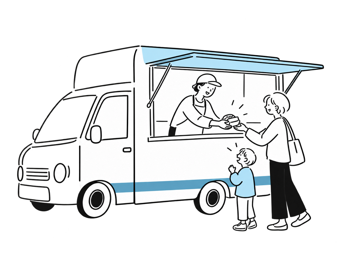 キッチンカーで親子が食べ物を受け取っているイラスト