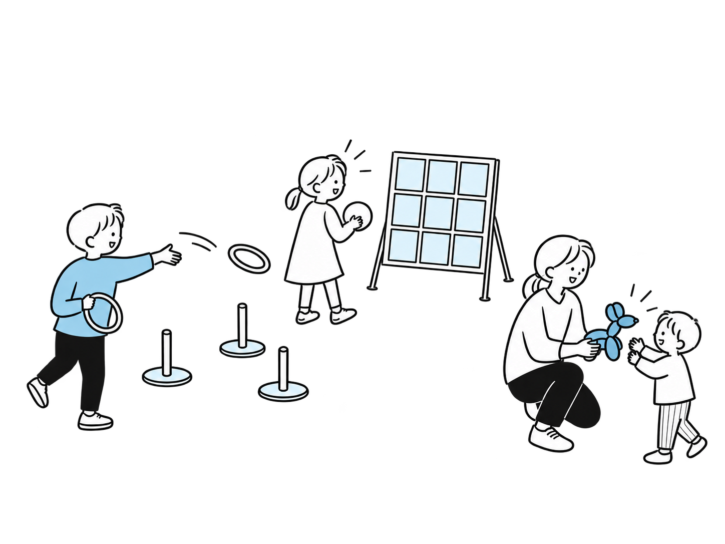 子どもたちが輪投げやストラックアウト、バルーンアートで遊んでいるイラスト